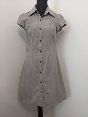 BCX Gray and White Striped Cap-Sleeve Button-Down Shirt Dress
